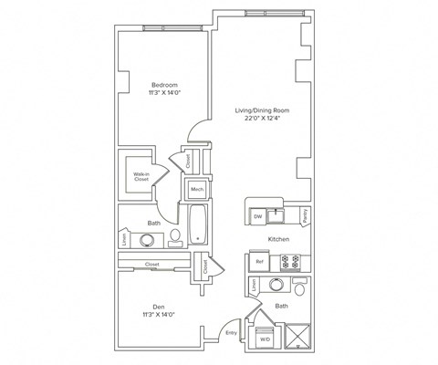 Floor plan for 1 bed, 2 baths, 1016 sqft